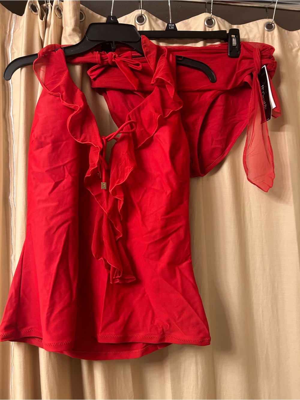 Red Ruffled Halter Tankini Top and Tie-Side Bottoms.